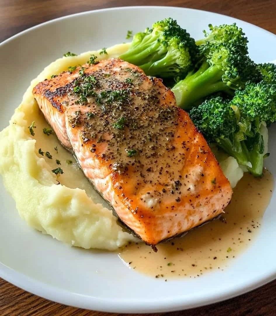 My Favorite Salmon with Creamy Mashed Potatoes and Broccoli